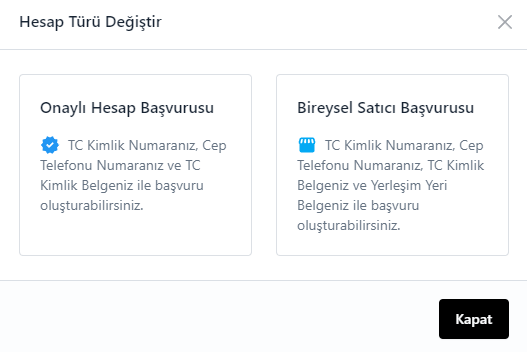 hesap türünü değiştir penceresi
